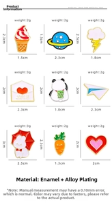 Enamel pin set detail featuring nine cartoon designs with size and weight measurements
