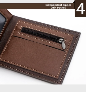 Detail of men's bifold wallet showing the secure zipper coin pocket and card slots