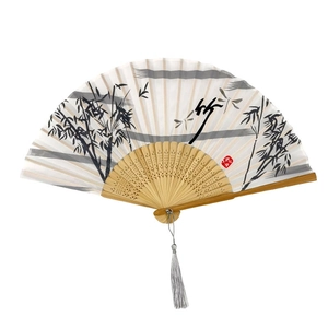 Classical Chinese silk folding fan with bamboo leaf ink painting and grey tassel