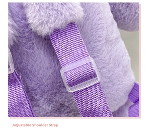 Detail view of adjustable nylon straps and plastic buckle on purple plush backpack
