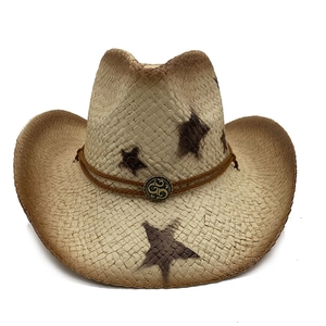 Western straw cowboy hat with vintage star patterns and decorative metal buckle
