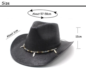 Detail view of black cowboy straw hat showing size measurements and feather ornament