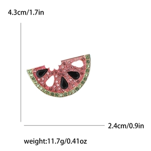 Detailed view of watermelon brooch with size dimensions and pink green rhinestones