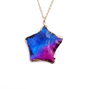 Stainless steel star necklace with blue and purple gradient pendant in gold frame