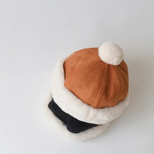 Detailed view of caramel suede baby winter hat with soft cream fleece trim and ear flaps