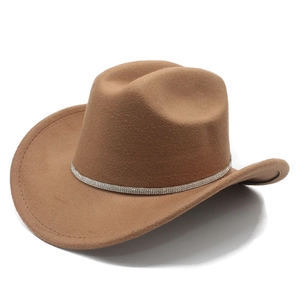Detail of tan felt western hat with elegant silver rhinestone trim on brim base