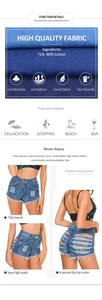 Detail of high waist denim shorts with frayed hems and breathable cotton fabric texture