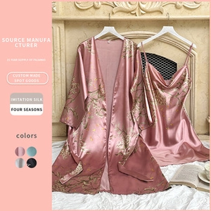 Detailed view of women's silk-like pajama set with robes featuring floral patterns