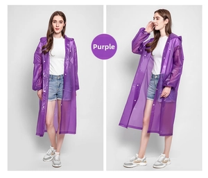 Detailed front and side view of a purple semi-transparent long EVA hooded raincoat