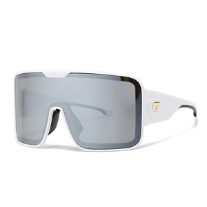 Oversized white mask sunglasses with silver mirror lenses and gold star decor