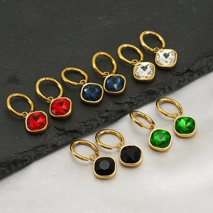 Boucles D'Oreilles Créoles Pendentif Pierre Précieuse Carrée Vintage Français Acier Inoxydable Plaqué Or 18K Femmes