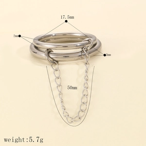 Detailed view of layered stainless steel rings with connecting chain showing exact dimensions