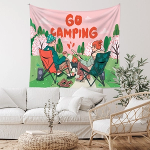 Détail d'une tapisserie murale de camping avec illustration de feu de camp