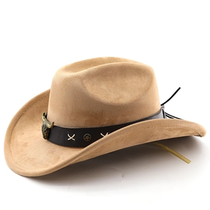 Light brown faux suede western cowboy hat with metal bull head buckle and stitched leather band