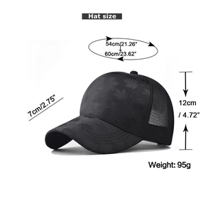 Detailed size measurement chart of the black maple leaf baseball cap showing weight and dimensions
