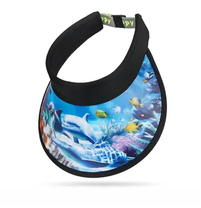 Detailed top-down view of kids sun visor with marine life patterns and adjustable strap