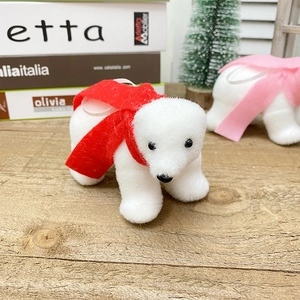 Cute white flocked polar bear Christmas ornaments with red and pink bows for home decor