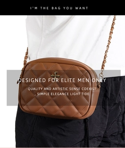 Close-up of quilted brown leather crossbody bag with gold chain and cross ornament