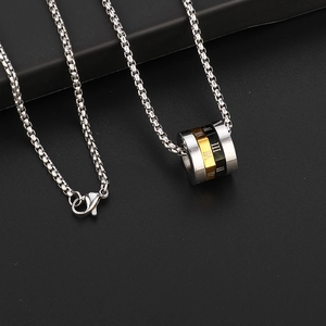 Three-tone titanium steel necklace with Roman numeral cylinder pendant on black background