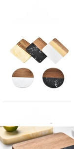 Detailed view of seamless marble and acacia wood coasters in round and square shapes