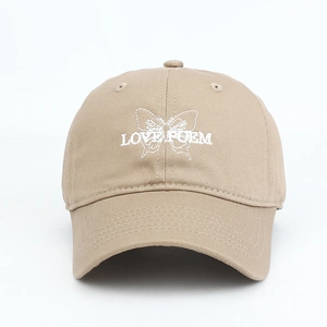 Front view of khaki baseball cap with white butterfly and Love Poem embroidery