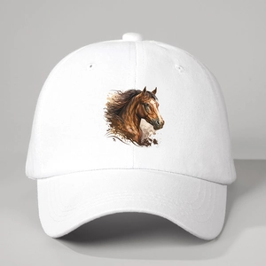 White baseball cap with realistic brown horse head print and adjustable back strap