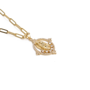 Gold plated Virgin Mary pendant necklace with zircon stones on a paperclip chain