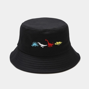 Close-up of colorful dinosaur embroidery on black cotton canvas bucket hat
