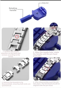 Detailed four-step guide for using the blue tool to adjust silver metal watch bands