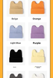 Matrix display of knitted beanies with cat ears in multiple colors including beige and orange