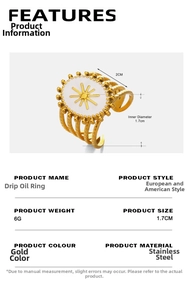 Detail view of gold stainless steel enamel ring with 2cm oval face and sizing dimensions