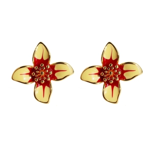 Elegant white enamel flower stud earrings with gold plating in a delicate floral design