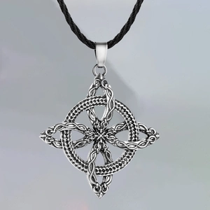 Slavic pendant necklace with silver Celtic knot charm on black braided cord
