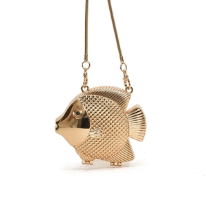 Creative golden fish-shaped clutch bag with sleek metal scales and snake chain strap