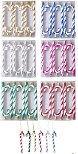 Detailed grid of colorful candy cane Christmas ornaments with stripes in six various hues