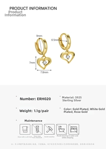 Detailed dimensions of S925 sterling silver gold heart hoop earrings with 9mm diameter