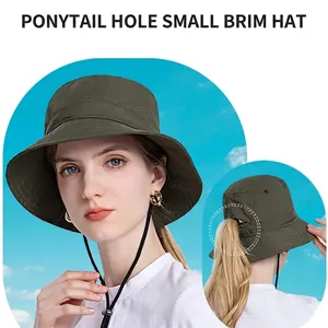 Deep green outdoor sun hat with adjustable drawstring and a ponytail opening design
