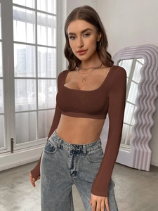 Women's brown long sleeve cropped knit top with high elasticity and athletic style