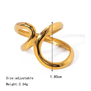 Golden twisted wave stainless steel adjustable ring with a lightweight 2.64g design