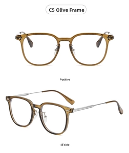 Front and side views of olive green acetate eyeglass frames with silver metal temples