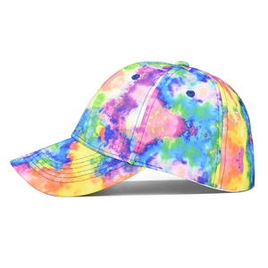Colorful tie-dye baseball cap featuring a six-panel design and reinforced stitched brim