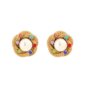 Orecchini vintage a treccia dorata con perla centrale e cristalli multicolore