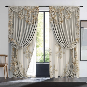 Detail of 2-piece beige curtains featuring golden floral embroidery and a classic valance