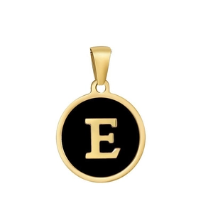 Detail view of round black enamel pendant with golden metal frame and initial letter E
