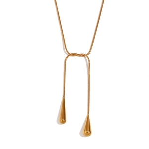 18K gold plated stainless steel snake chain necklace with double teardrop pendants