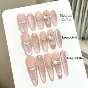 Handmade Press On Nails Cat Eye Magnetic Pink Gradient Rhinestone Artificial Pearl Decor Long Almond Coffin Shape For Women