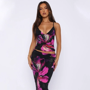 Canotta Da Donna E Gonna Maxi Con Stampa Floreale Scollo A V Schiena Scoperta Vestibilità Slim Completi Clubwear Sexy Eleganti Estivi