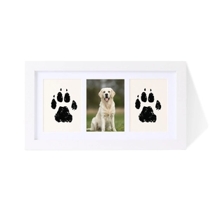 White triple folding pet memorial photo frame with paw print ink pads and dog picture