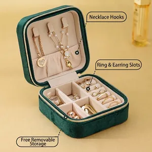 Portable emerald velvet jewelry organizer box with functional internal compartments