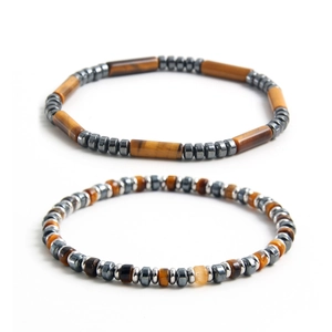Men's retro bracelet set featuring tiger eye and hematite cylindrical stone beads
